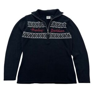 Harley Davidson Mens Black Fair Isle Knit Quarter Zip Sweater Size L